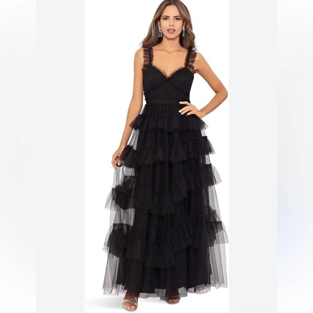 Betsy & Adam Long Ruffle Tier Mesh Dress